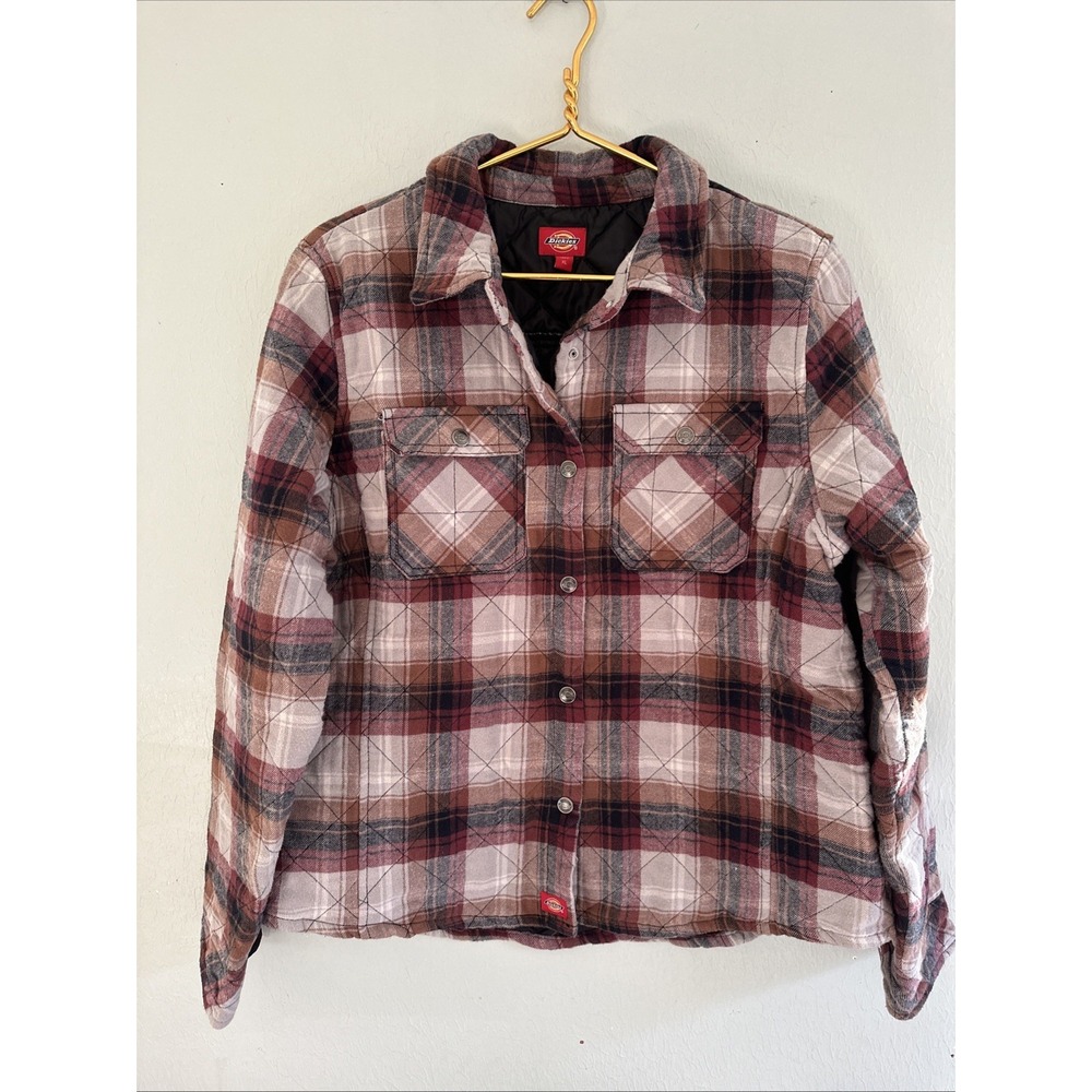 Dickies Flannel Jacket Womens XL Quilted Lined Plaid Red Brown Shacket Snap Up